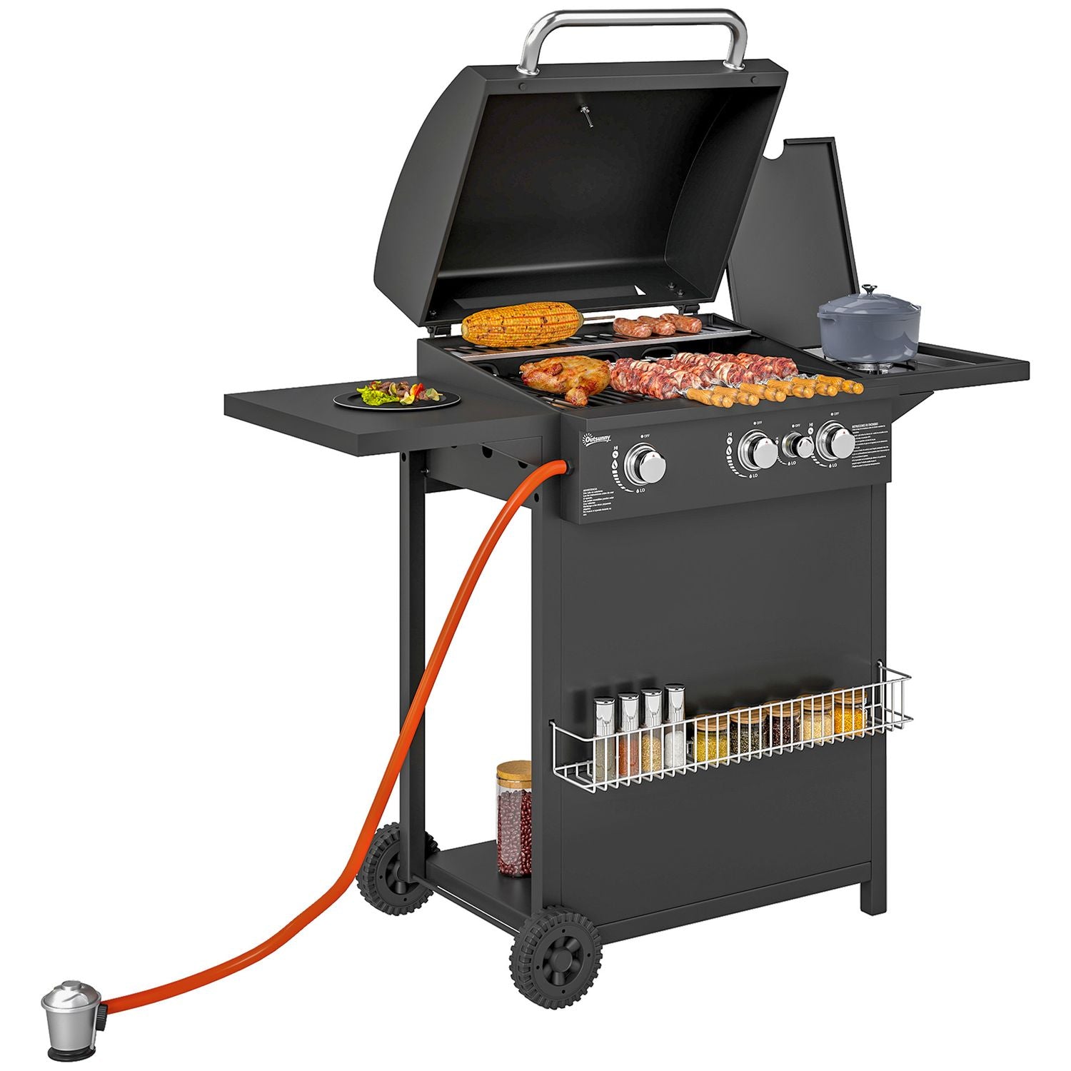 Grill gazowy ABS Steel 123x57x98 cm-outsunny. Czarny(Por omisión)