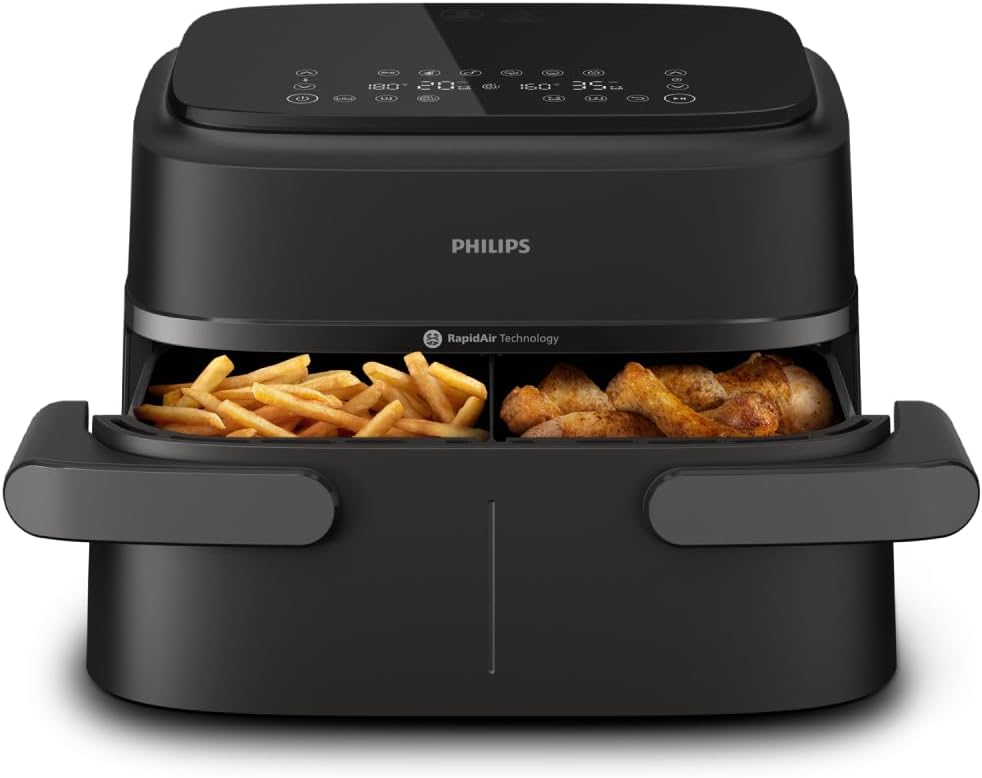 Philips Ovi Dual Basket z parą - Wyjątkowe funkcje gotowania Steamfry, Gotowania na parze, Airfry - 19 sposobów gotowania; pojemność 9L (3L + 6L), RapidAir Plus, automatyczne SteamClean (NA550/00)(7.2L)