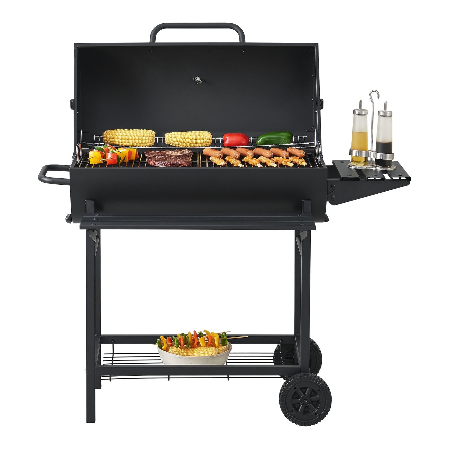 Grill węglowy Armento z 2 kółkami, termometrem, stalowy – czarny [casa.pro](Por omisión)