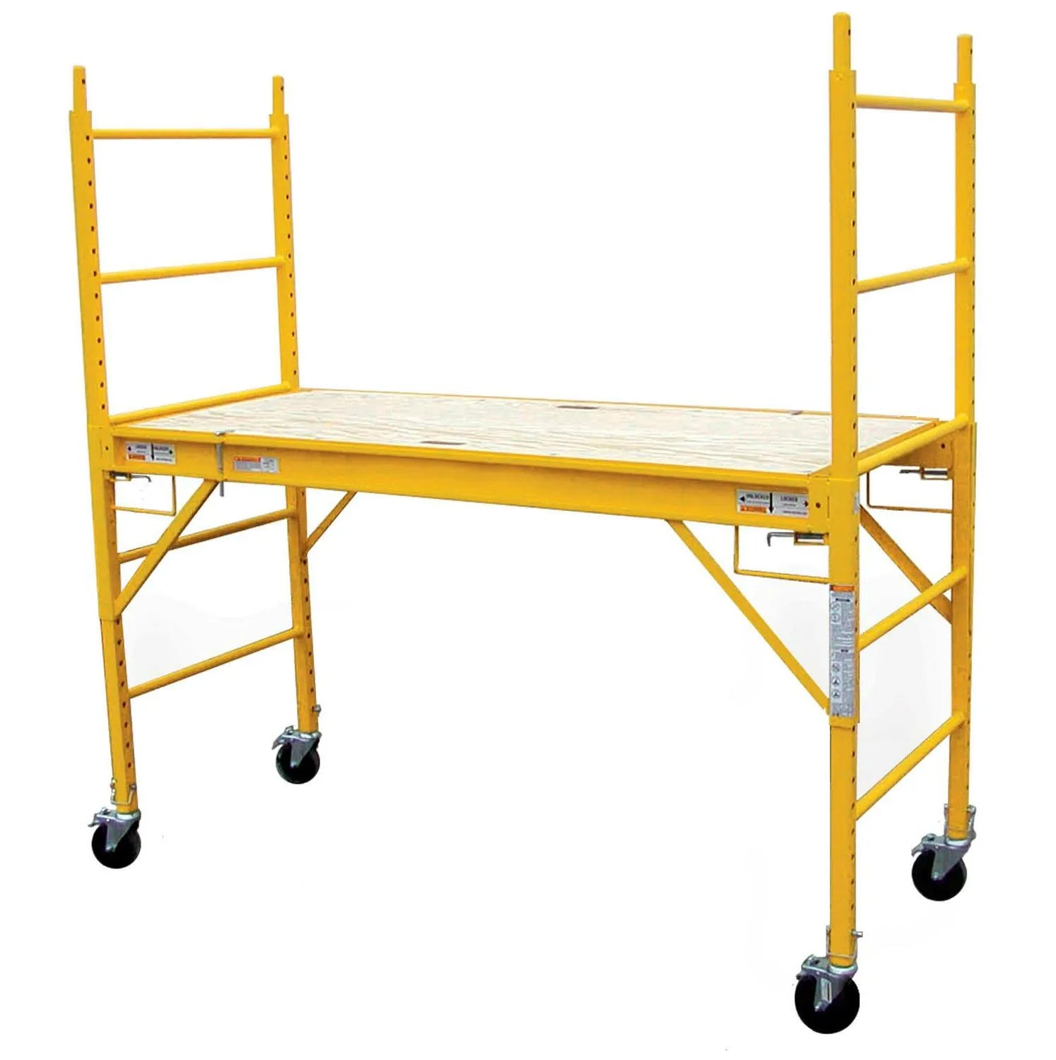 Mobilne składane rusztowanie stalowe serii Pro z platformą drewnianą, udźwig 454 kg, wysokość robocza 3,66 m. Kompaktowe mini rusztowanie do użytku wewnątrz i na zewnątrz, z blokowanymi kołami.