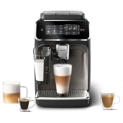 Philips Ekspres do kawy z serii 3300 w pełni zautomatyzowany - 6 napojów, Nowoczesny, Kolorowy ekran dotykowy, LatteGo, SilentBrew, Młynek w 100% ceramiczny, Filtr AquaClean, Czarny chrom (EP3347/90)(5 specjałów kawowych/System mleczny Latte Go)