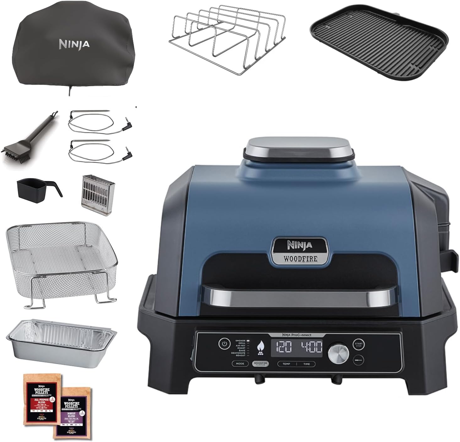 Ninja Woodfire Pro Connect XL Grill elektryczny BBQ I wędzarnia ze sterowaniem za pomocą aplikacji, 2 cyfrowymi sondami, dużym grillem zewnętrznym i smażeniem beztłuszczowym 7 w 1, OG901EUAMZ(Woodfire Pro Connect XL + Akcesoria)