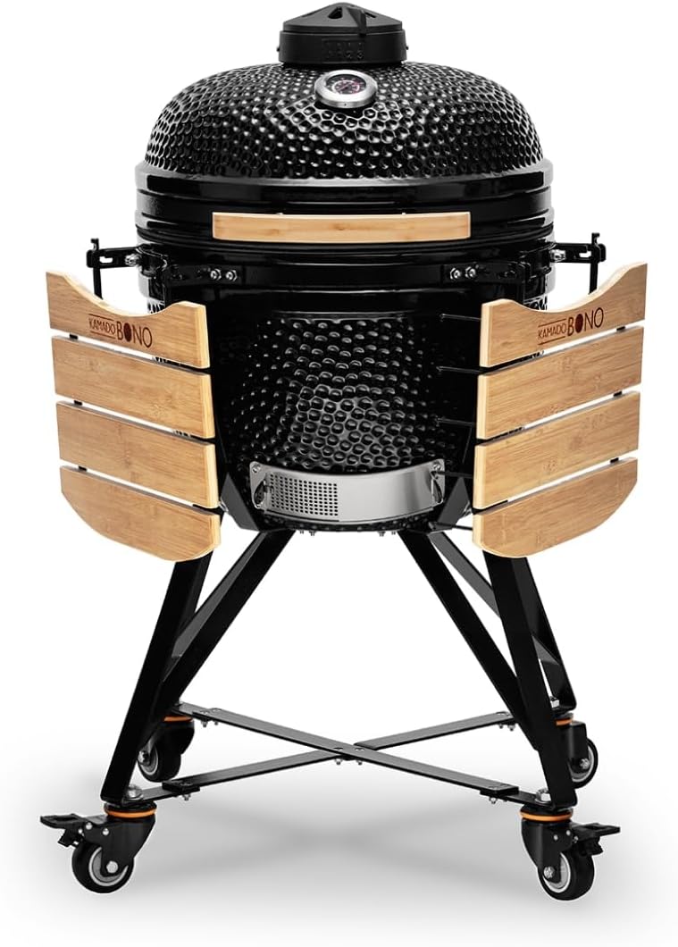 Kamado BONO BBQ Grande - ceramiczny grill Kamado z 6 dodatkami - grill BBQ Ø 59 cm z akcesoriami - czerwony Grill-wędzarnia na patio, balkon lub do ogrodu(20"/Czarny)